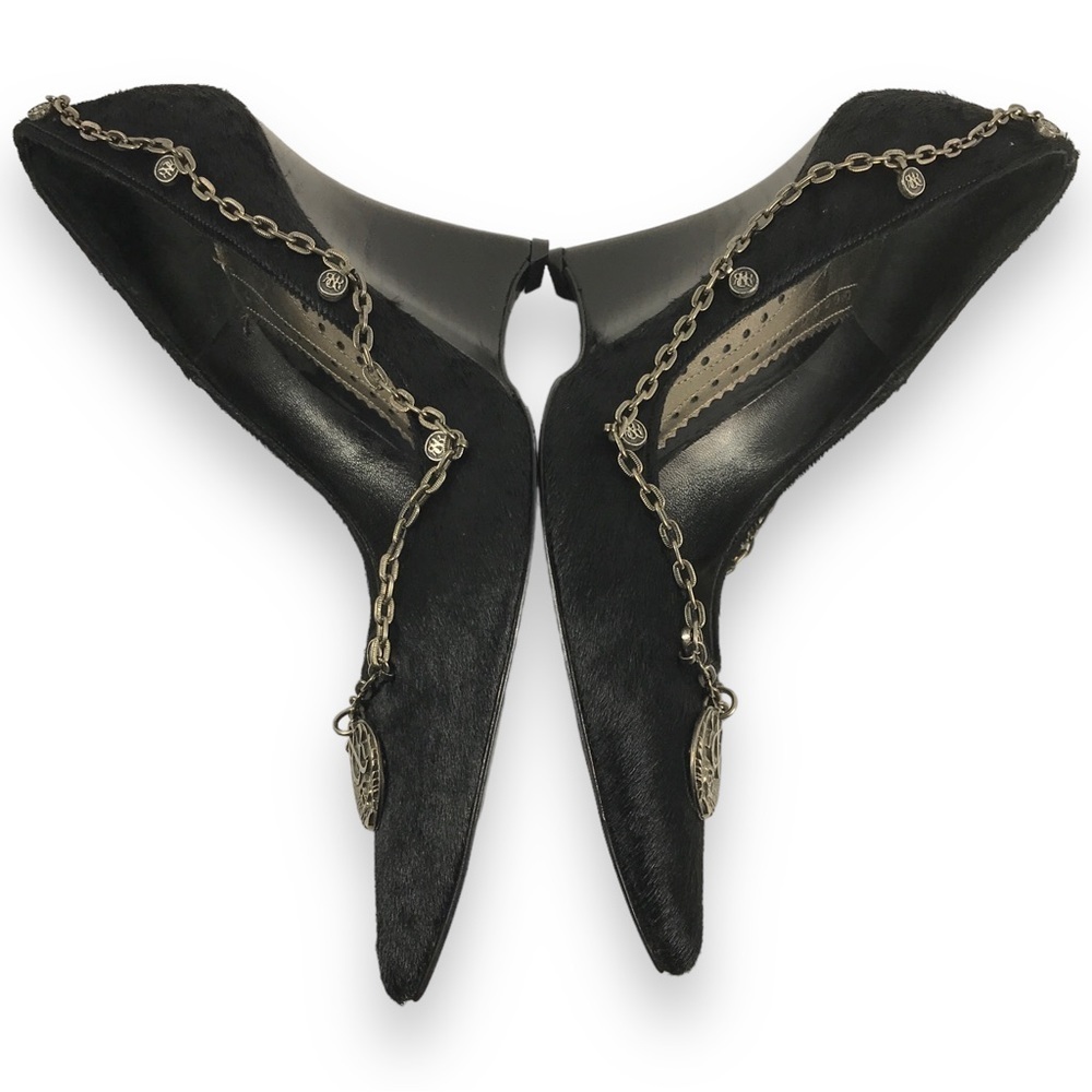 Rock & Republic Pointed Toe Fur Wrap Around Chained Logo Wedge Black Size EU 36 - Picture 8 of 15